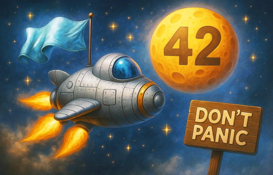 Illustrazione spaziale con astronave, luna con numero 42 e cartello "Don't Panic" – riferimento alla Guida galattica per autostoppisti, simbolo ironico dell'importanza dei numeri anche nel web design.