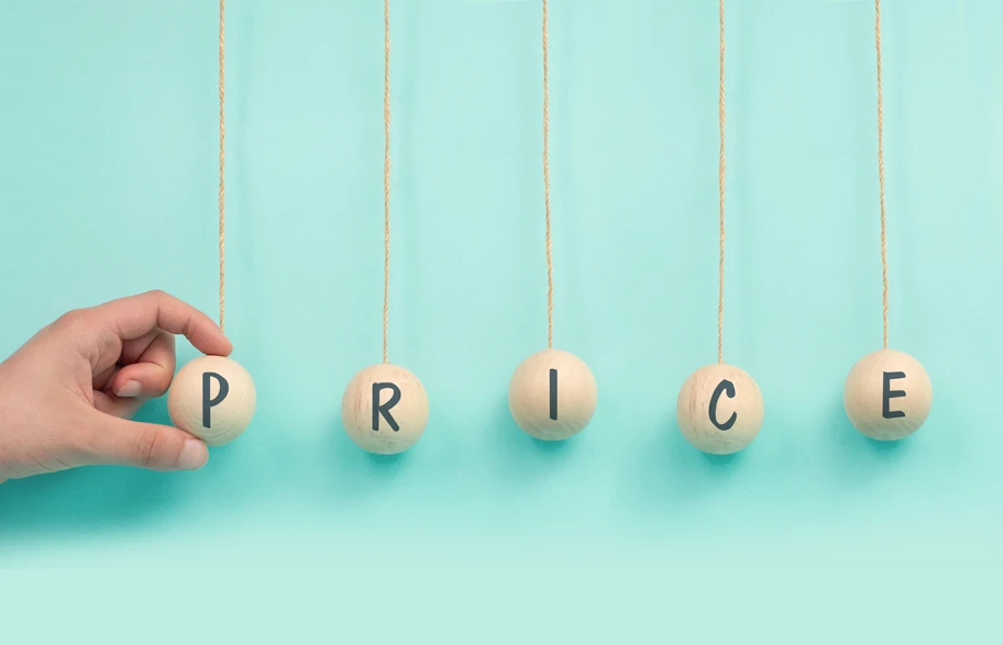 Mano che muove sfere di legno sospese che formano la parola PRICE, concetto di prezzo di un sito web