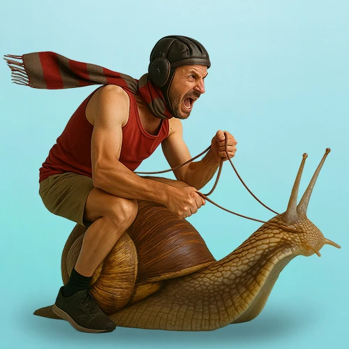 Uomo con casco e sciarpa che cavalca una lumaca gigante, metafora di un sito web lento