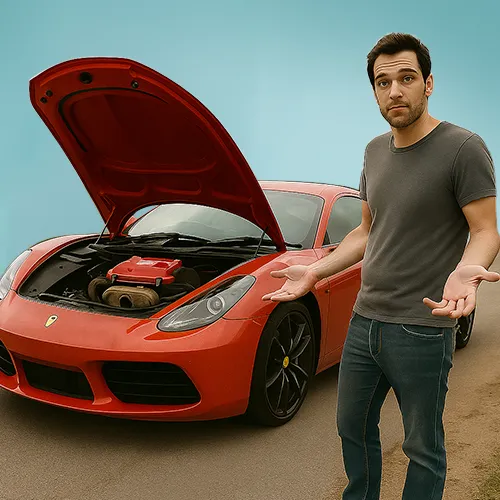 Uomo davanti a una Ferrari con cofano aperto e motore guasto - metafora di un sito web con immagini non ottimizzate: bello esteticamente ma lento da caricare