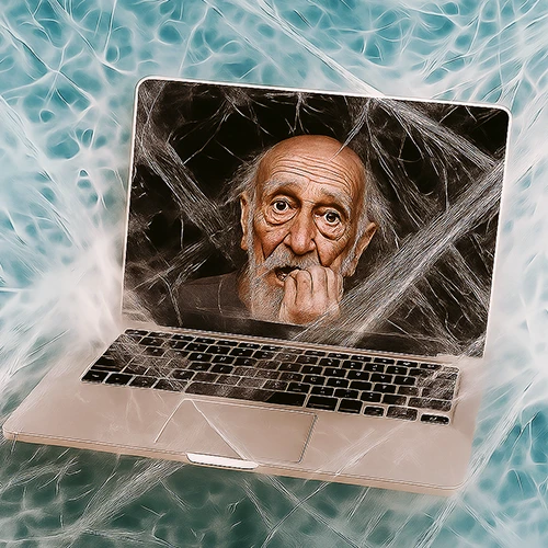 Immagine metaforica di un sito web non aggiornato: un uomo anziano appare intrappolato in una ragnatela dentro lo schermo di un laptop