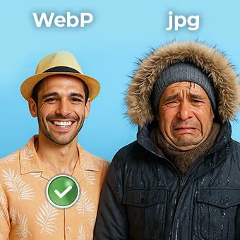 Confronto visivo tra WebP e JPG: a sinistra uomo sorridente con scritto WebP, a destra uomo accaldato e vestito troppo pensate scritto JPG, per illustrare i vantaggi del formato WebP rispetto al JPEG nella velocità del sito e leggerezza delle immagini