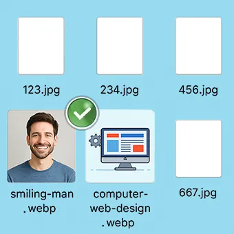 Confronto tra file con nomi generici come 123.jpg e file con nomi descrittivi come computer-web-design.webp, per illustrare l’importanza di rinominare correttamente le immagini e aggiungere alt text in ottica SEO e accessibilità