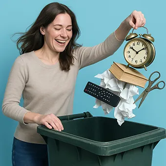 Donna che getta in un cestino oggetti inutili come telecomando, libri e forbici, a rappresentare l’eliminazione dei plugin superflui per avere un sito WordPress più veloce e leggero