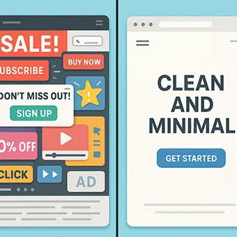 Confronto visivo tra due pagine web: a sinistra una schermata caotica con troppi pop-up, banner e bottoni, a destra una pagina pulita e minimale con un solo pulsante, per illustrare l’importanza di evitare effetti inutili e pesanti che rallentano il sito