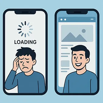 Illustrazione con due smartphone: a sinistra uno schermo con scritta “Loading” e un utente frustrato, a destra un sito che si carica velocemente con un utente sorridente, per rappresentare l’importanza di testare la velocità del sito su dispositivi mobili