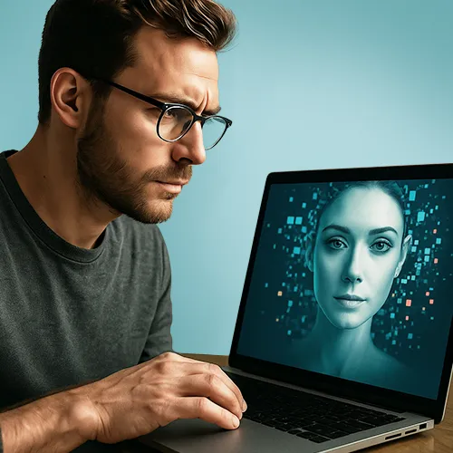 Uomo al computer che osserva un volto generato dall’intelligenza artificiale su schermo - esempio sull’uso di immagini AI e l’importanza di scegliere foto autentiche per siti web