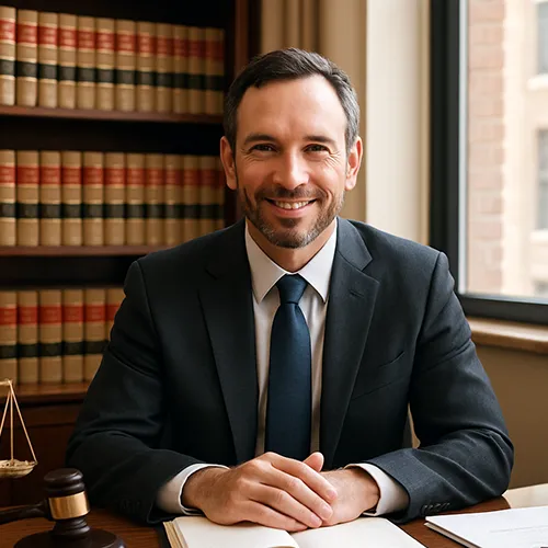 Avvocato seduto nel suo studio legale, con libri di diritto e scrivania - esempio di immagine autentica e professionale per siti web di avvocati