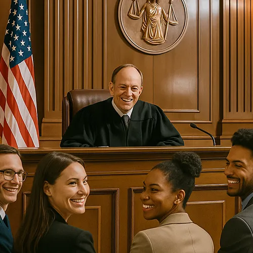 Foto stock di un’aula di tribunale americana con giudice e giuria - esempio di immagine non autentica per siti web di avvocati