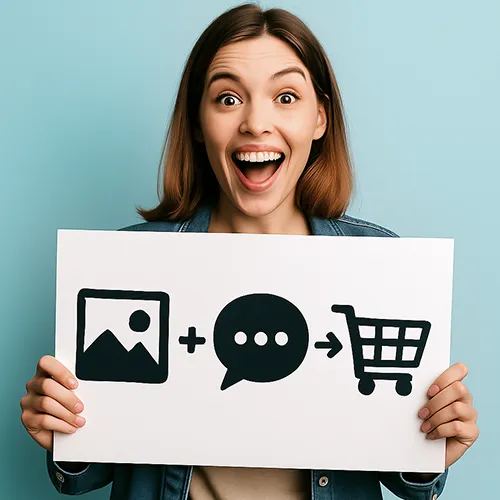 Donna sorridente con cartello che mostra il legame tra immagini, comunicazione e acquisti online - esempio sull’importanza delle immagini per siti web
