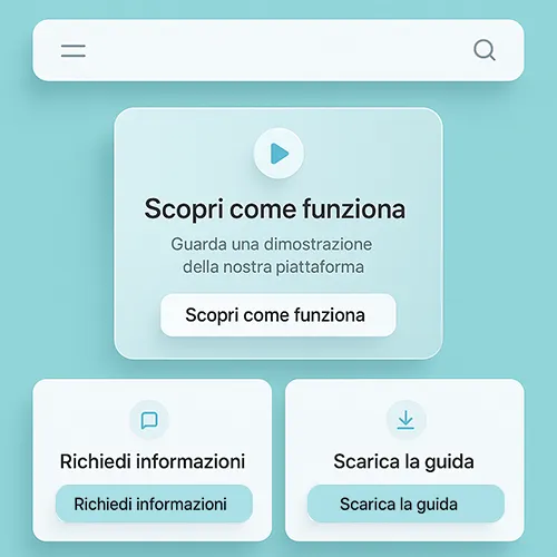 Interfaccia UI moderna su sfondo azzurro con tre call to action ben progettate: “Scopri come funziona”, “Richiedi informazioni” e “Scarica la guida”, presentate in card morbide con icone e gerarchia visiva chiara.