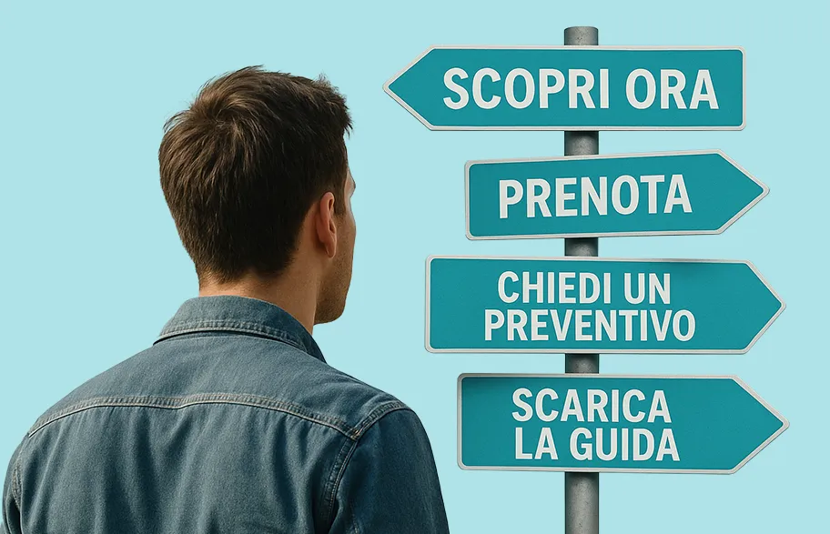 Persona che osserva un cartello con diverse call to action come "Scopri ora", "Prenota", "Chiedi un preventivo" e "Scarica la guida", simbolo delle scelte guidate nel web design.