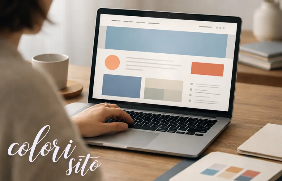 Persona che lavora al design di un sito web su laptop, con palette di colori e layout dell’interfaccia studiati per migliorare la user experience