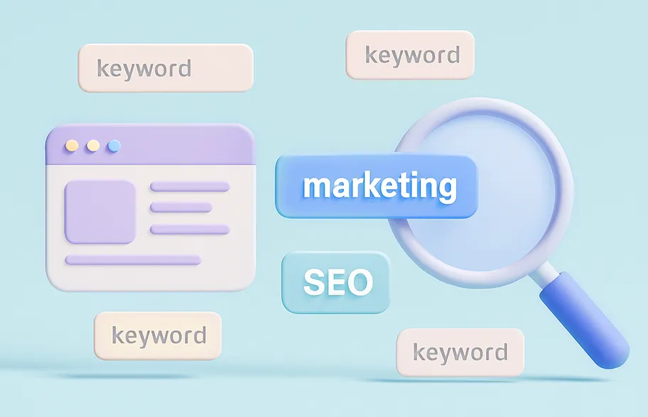 Illustrazione 3D con lente di ingrandimento, etichette “keyword”, icona di pagina web e scritte SEO e marketing su sfondo azzurro, simbolo della ricerca e selezione delle parole chiave.