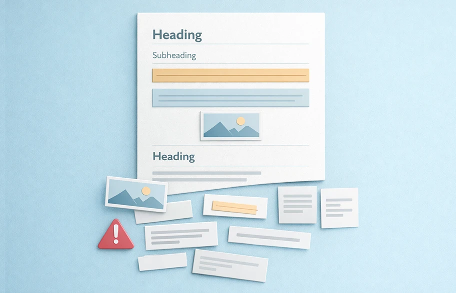 Pagina WordPress in Gutenberg con struttura ordinata in alto e blocchi disorganizzati in basso, esempio di utilizzo senza logica.