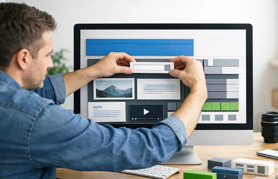 Web designer che costruisce il layout modulare di un sito WordPress con blocchi, concetto di struttura del tema Neve e GenerateBlocks