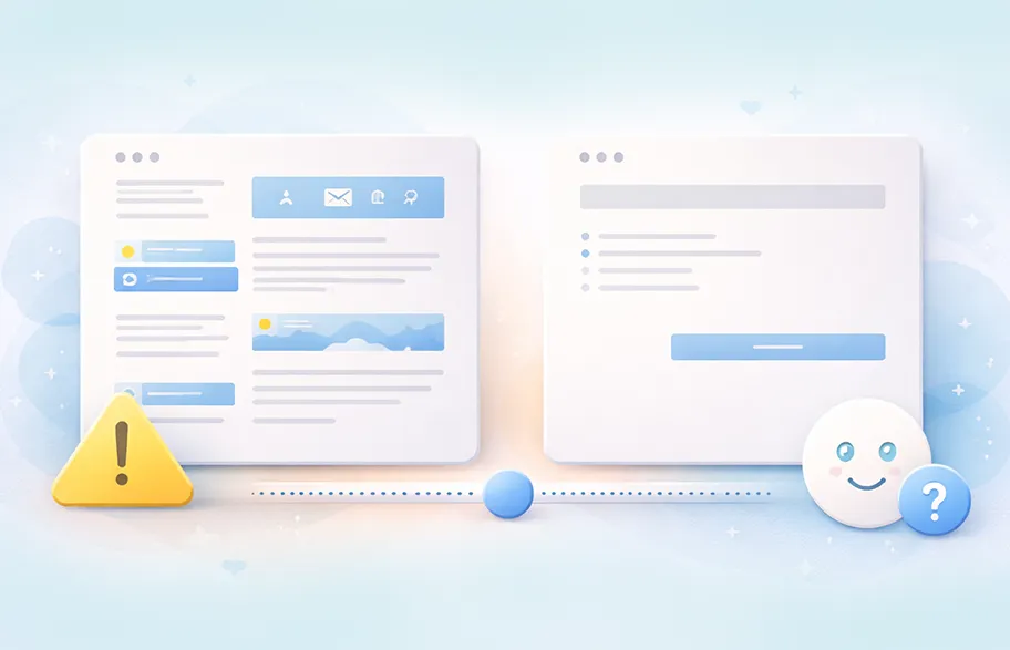 Confronto tra un sito web sovraccarico di elementi e uno con design minimalista ed essenziale