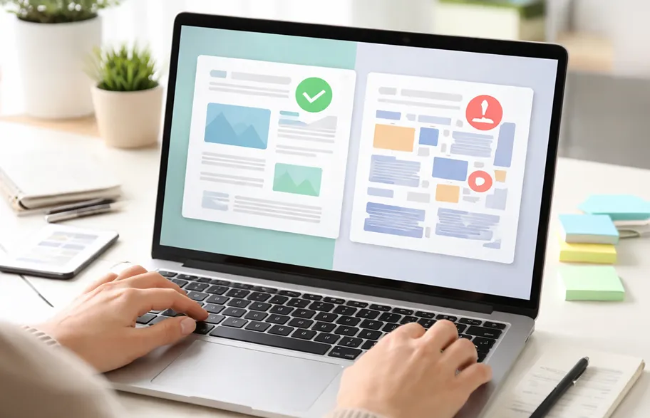 Persona che analizza su laptop due layout di sito web, uno ordinato e uno disorganizzato, per valutare usabilità ed esperienza utente